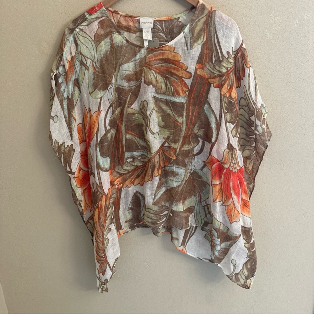 New Chicos 100% Linen Poncho Top S/M Lightweight Beachy Resortwear Travel